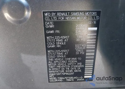 2016 Nissan Rogue S z USA, uszkodzony, nr VIN KNMAT2MT7GP662297